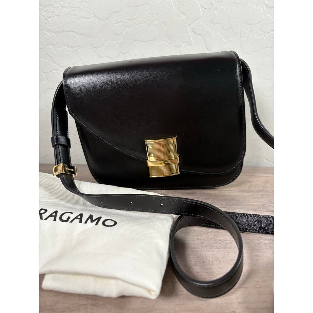 Salvatore Ferragamo Calfskin Fiamma Small Crossbody Black
